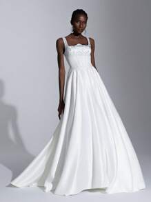 Elitara Elegant White Satin Spaghetti Strap Luxury Rhinestone Backless Adjustable Tie A-Line Ruffled Hem Wedding Dress With Train, Bride - White - View 5