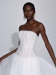 Elitara Elegant White Lace Splice Mesh Bustier, 3D Fish Bone Tapes Mesh, Champagne Lining Super Flared A-Line Hem, Adjustable Back Ties, Extra Long Train Wedding Dress, Bride