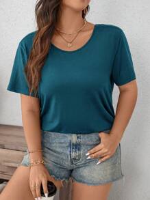 SHEIN LUNE Camiseta casual de verano para mujer de talla grande, de unicolor, cuello redondo y manga corta, versátil - Agua verde azul - Ver 3