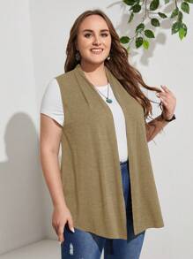 EMERY ROSE Plus Size Women Open Front Sleeveless Casual Jacket - Army Green - View 5