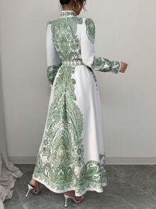 Chiquease Long Sleeve Dress With Belt, White Location Print, Button-Down Shirt Style Vacation Dress For Women Fall Cloth For Women - Green - View 2