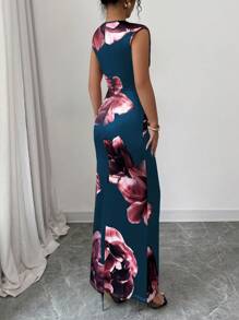 Elenzga Vacation Crew Neck Sleeveless Large Floral Print Simple Elegant Women's Dress - Blue - View 2