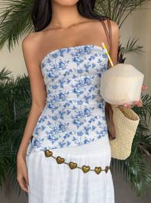 SHEIN Unity 女式不对称下摆褶皱性感露肩花卉印花度假上衣，春夏 - 黑色 - 查看 1