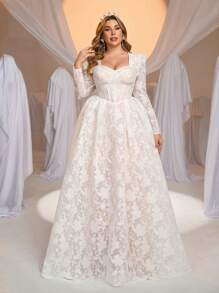 Glamrae Plus Size Elegant Romantic Sweetheart Neck Long Sleeve See-Through Mermaid Hem Wedding Dress For Bride - White - View 6