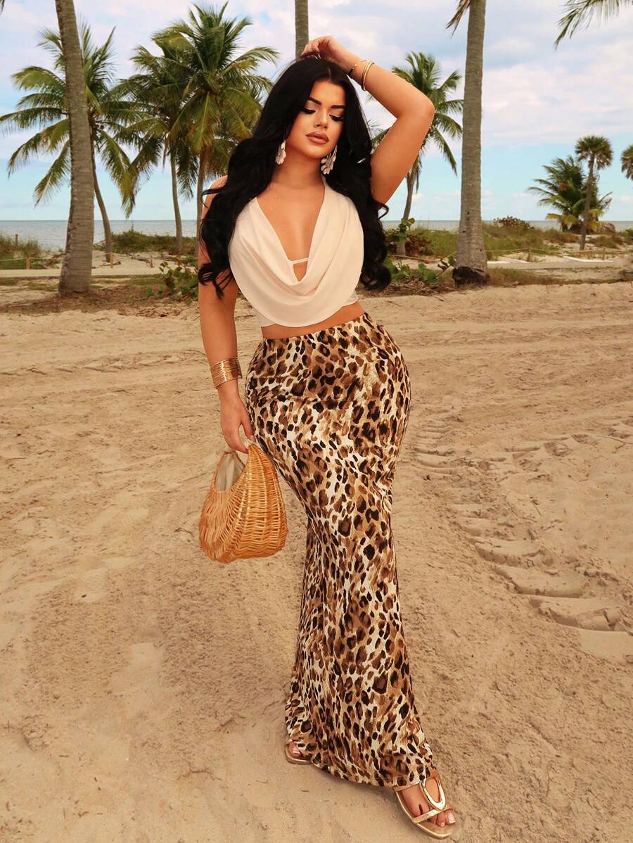 SHEIN SXY 春夏度假风露背吊带背心和豹纹鱼尾裙撞色女款两件套 - 彩色 - 查看 1