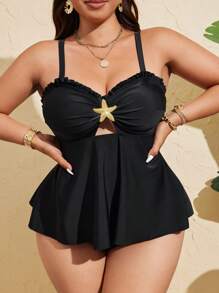 Swim Lushoire Bộ đồ bơi & áo crop top kim loại màu trơn cỡ lớn cho nữ - màu đen - Xem 1