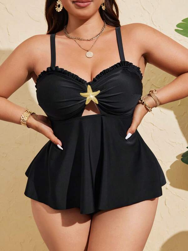 Swim Lushoire Conjunto de top corto y bikini de 2 piezas con acento metálico de unicolor para mujer de talla grande