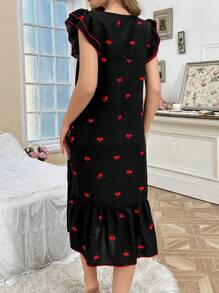 CottageSlumber Women's Ruffle Trim Cherry Print Two Layer Cap Sleeve Nightgown Babydoll Holiday Season, Bountiful Floral Splendor Cozy And Elegant Details - Black - View 2