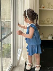 SHEIN 2 件 Babygirl 休闲蓝色彼得潘领衬衫配松紧腰短裤套装 - 藍色 - 查看 7