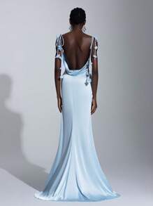 SHEIN Belle Elegant Light Blue Satin Spaghetti Strap Plunging Back Flowing Ribbon Mermaid Bridesmaid Dress