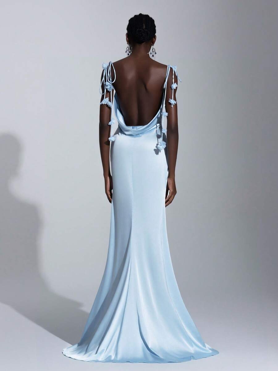 SHEIN Belle Elegant Light Blue Satin Spaghetti Strap Plunging Back Flowing Ribbon Mermaid Bridesmaid Dress