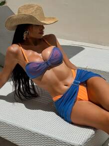 Swim SXY 3 pièces Tenues d'été pour femmes à la plage: débardeur avec boucle carrée amovible, mini-jupe en maille, ensemble de bikini sexy - Multicolore - Voir 1