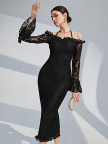 Modelyn Vintage Jacquard Neckholder A-linie Kleid Mit Volant Ärmel Für Frauen, Frühling/sommer