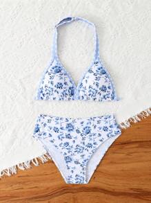 SHEIN 女童花卉印花挂脖比基尼套装，适合夏季海滩穿着 - 藍色 - 查看 5