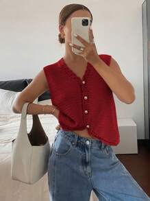 SHEIN Frenchy Chaleco de punto con botones al frente de unicolor simple para mujer