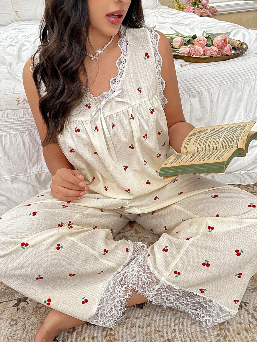 CottageSlumber Plus Size Romantic Lace Patchwork Bubble Crinkle Cherry Print Pajama Set - Apricot - View 1