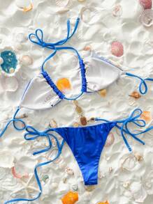 Swim Vcay Women's Summer Beach Solid Metal Accent Tie-Neck Sexy Bikini Swimwear Set - Blue - View 2