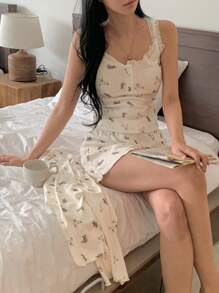 DAZY 3pcs/Set Women Cute Bear Pattern Allover Print Open Front Top , Cami Top And Shorts Pajama Set, Fall Winter Clothes