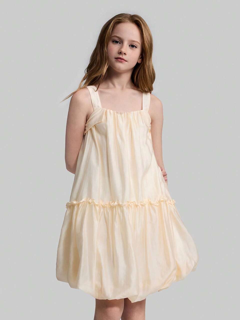 Tween Girls' Elegant Pale Yellow Summer Dress,Family Matching Solid Loose Fit A-Line Flower Petal Hem Sleeveless Textured Mid-Length Casual Dress
