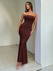 Aloruh Women's Strapless Knitted Maxi Dress: Coffee Brown, Tie-Back Detail, And Flared Hem - Coffee - View 6