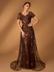 Serin Elegante y lujoso vestido de noche de gasa marrón con parches de encaje bordado en forma de escote en V y cola de sirena con lentejuelas, adecuado para vestidos de noche, fiestas, bodas, luna de miel y madres de la novia