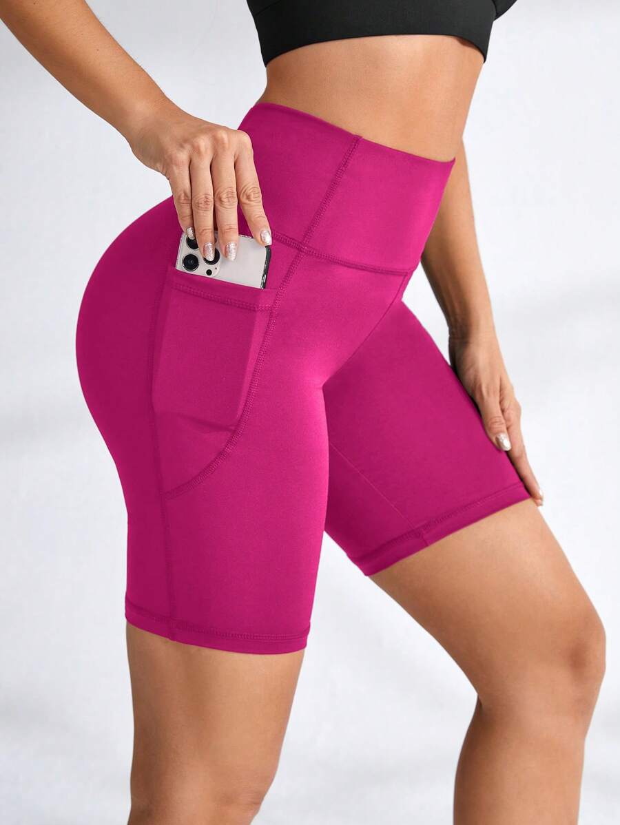 Cheerettes Shorts deportivos de cintura alta sin costuras de unicolor minimalista - Rosa Fucsia - Ver 1