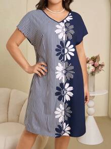 EMERY ROSE Plus Size Women Striped Floral Print V-Neck Short Sleeve Straight Casual Midi Dress,Women Summer Dresses, Women Dresses Women Short Dresses, Women Floral Dress,Summer Outfits For Women,Concert Outfit Women Women Cocktail Dress,Elegant Women's Dress