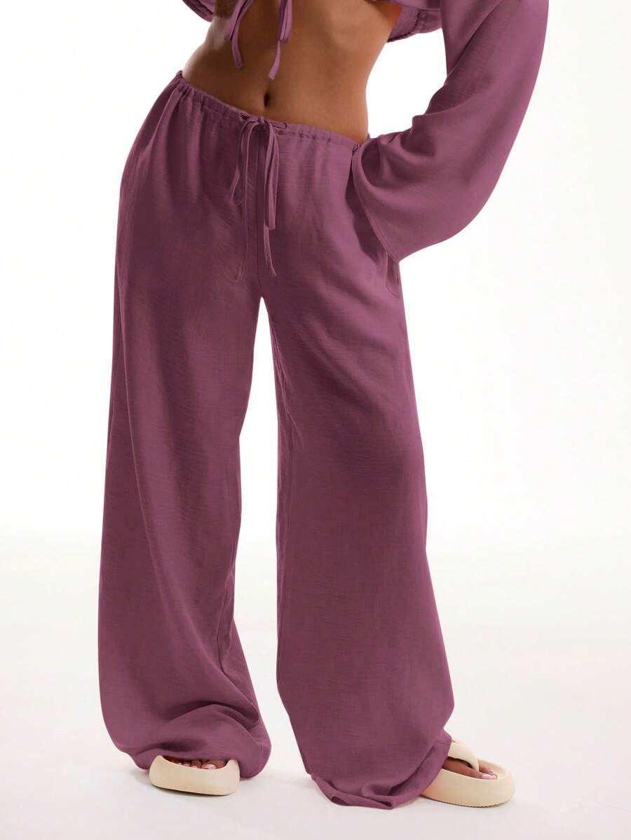 MUSERA 系带亚麻质感沙滩裤 波西米亚风优雅度假沙滩罩衫 休闲夏季假期复活节 - 淡紫色 - 查看 1