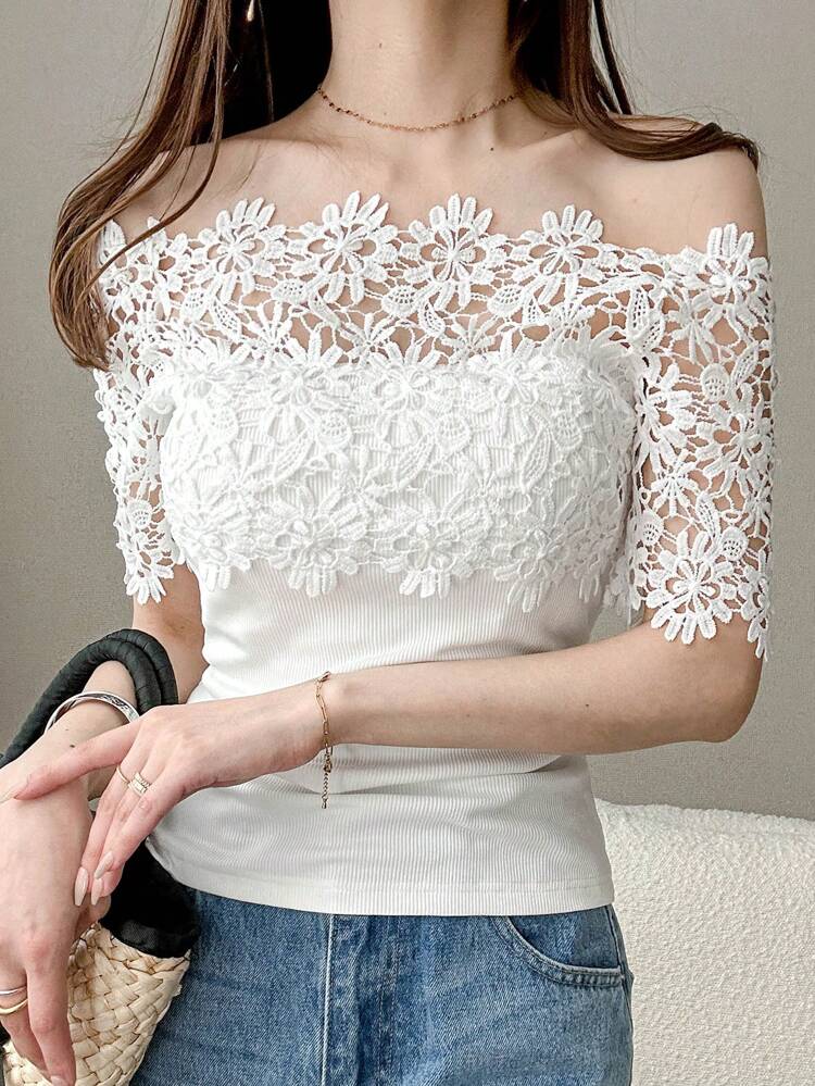 Women's Elegant Korean Style Gentle Contrast Lace Off-Shoulder Fitted T-Shirt, Summer