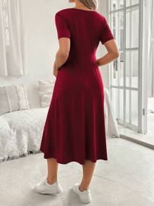 SHEIN Women Elegant V-Neck Short Sleeve A-Line Button Decor Maternity Dress For Summer