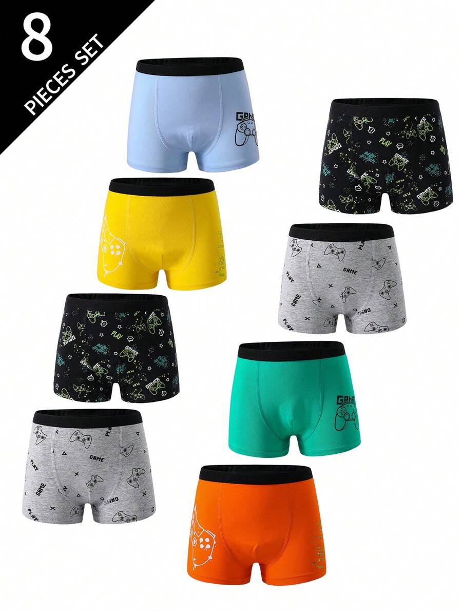 8pcs/Set Boys' Simple, Fashionable, Cool Vintage Colorful Gaming Console Print Boxer Briefs - Multicolor - View 1