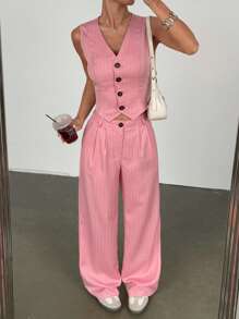 SHEIN Unity Sleeveless Striped Vest And Trousers Suit, Minimalist Fashion Design Suitable For Summer - Pink - View 5