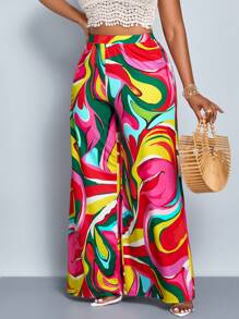 SOLERSUN 大码女式时尚液体波纹艺术图案阔腿裤，海滩度假，海滨度假，返校季，休闲，宽松阔腿裤，波西米亚风 - 紅色 - 查看 2