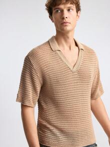 Ontre 2025 Summer Men's Solid Turndown Collar Short Sleeve Hollow Out Casual Knit Top, Business Casual Young Men Polo Sweater For Music Festival, Vacation, Daily Wear, Versatile - Khaki - View 5