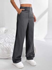 SHEIN PETITE Pantaloni dritti a vita alta con design a bottoni, modello ampio