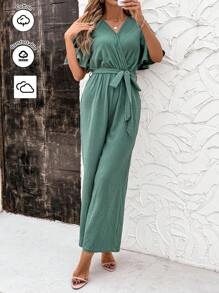 SHEIN Clasi 女士优雅褶皱面料 V 领荷叶边饰边收腰长款连体裤 100% 纯棉工装裤女式度假连体裤女式连体裤夏季女式服装 - 綠色 - 查看 6