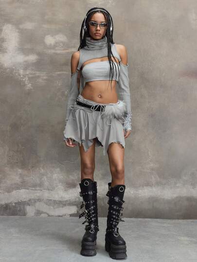 Grunge Punk Grunge Distressed Exposed Shoulder Tank Top