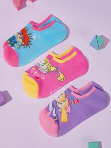Nick 90s X SHEIN 3 Pairs Women Breathable Soft Boat Socks/Invisible Socks, Reinforced Toe And Heel, Wear All Seasons, Cute Cartoon & Contrast Color