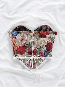Soleia Elegant Bohemian Tropical Floral Print Tie Front Ruffle Design Crop Top,Beige,Summer,Cottage Core,Holiday,Tea Party,Beach Wedding Guest Graduation - Multicolor - View 2
