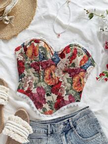 Soleia Elegant Bohemian Tropical Floral Print Tie Front Ruffle Design Crop Top,Beige,Summer,Cottage Core,Holiday,Tea Party,Beach Wedding Guest Graduation - Multicolor - View 3