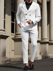 Manfinity Mode 男士西装套装，含长袖夹克和裤子，简约时尚，适合夏季 - 白色 - 查看 4