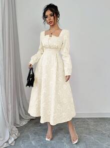 Elenzga 女士秋冬花卉提花优雅复古灯笼袖红色连衣裙长款女装 - 杏色 - 查看 4