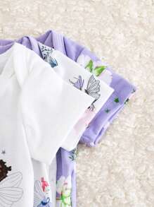 SHEIN 3 件套女婴休闲日常花朵和仙女印花百搭短袖连衣裙，适合户外玩耍或舒适的家居穿着 - 彩色 - 查看 5