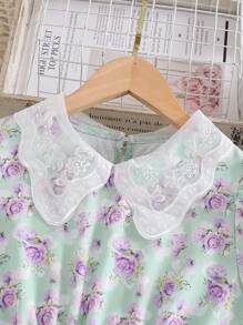 SHEIN 1 pièce Robe d'été à fleurs, col papillon à bordure en maille, manches bouffantes, pour vacances, printemps/été, pour filles