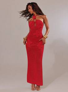 SHEIN BAE Women's Sexy Backless Halter Neck Maxi Knit Dress,Valentine's Day,Valentine Outfits For Women - Red - View 6
