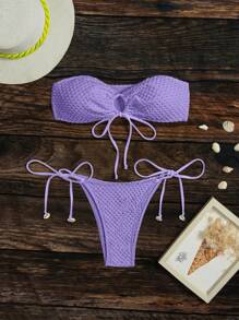 SHEIN Swim 1 Set Plain Textured Bikini For Summer Beach Vacation - Mauve Purple - View 3