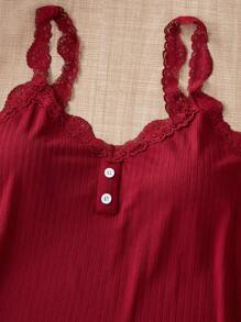 SHEIN Plus Size 3pcs Plain Color Lace Camisole Pajama Set, Simple & Fashionable, Suitable For Summer, Outfits - Burgundy - View 4