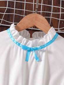 SHEIN Girls Ruffle Trim Cap Sleeve Blouse With Bowknot And Pleated Jumpsuit - Blue - View 3