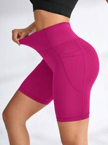 Cheerettes Shorts deportivos de cintura alta sin costuras de unicolor minimalista - Rosa Fucsia - Ver 6
