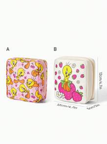 LOONEY TUNES X SHEIN 1 件 RPET 可爱卡通崔弟鸟和草莓印花卫生巾收纳袋，可用作女性卫生用品收纳袋、数码收纳袋、小物品收纳袋